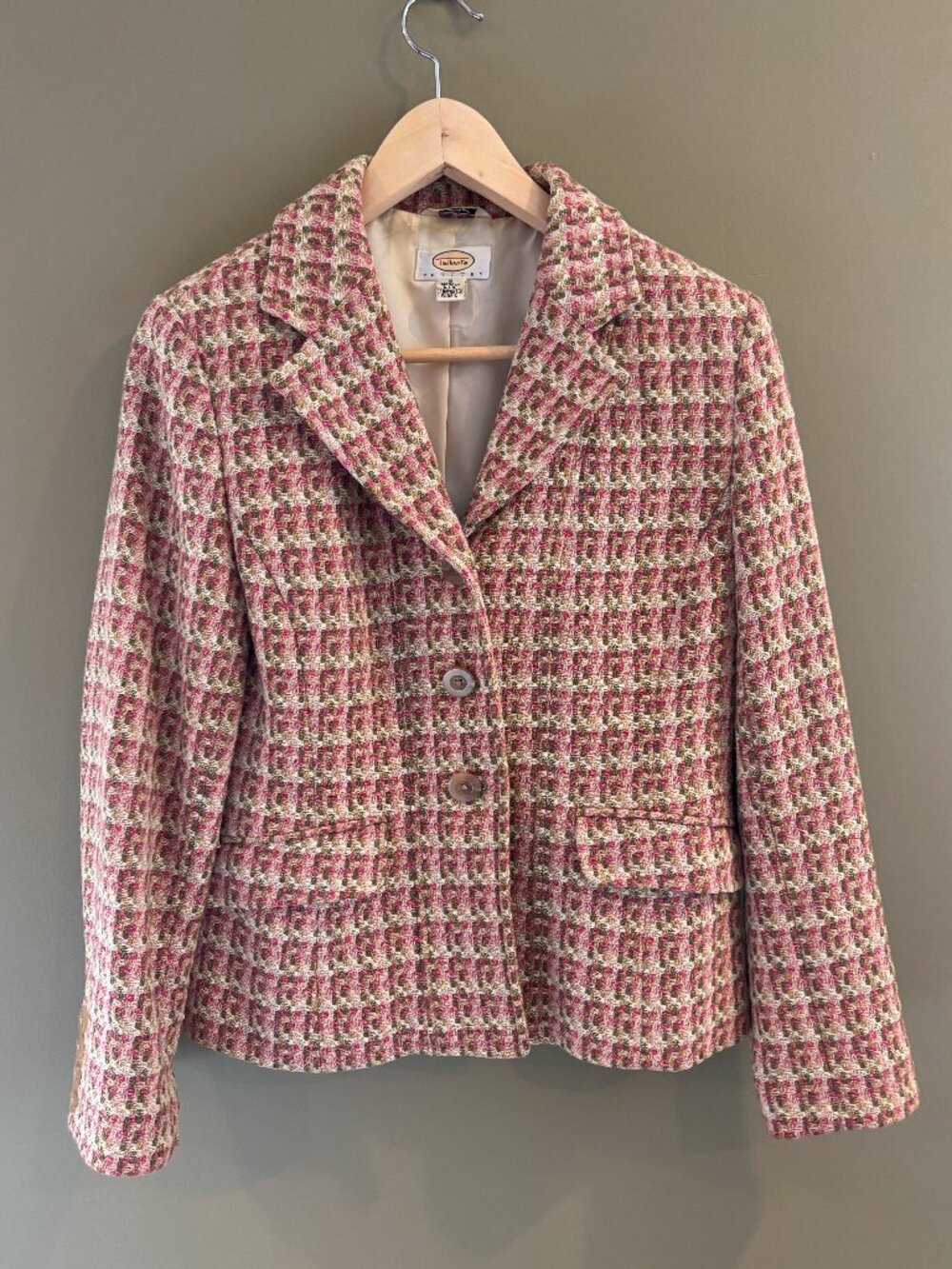 Talbots Petite 6P Italian Wool Tweed Blazer Pink Green Office Chic